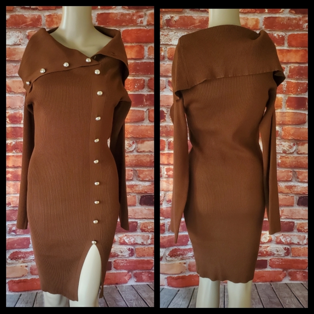 Brown Off Shoulder Long Sleeve Dress NWOT - Picture 7 of 7